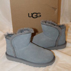 NIB UGG MINI FLUFF HI LOW SUEDE SHEARLING BOOTS GRAY